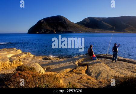 Fishermen in `El Playazo´. Cabo de Gata-Nijar Natural Park. Biosphere Reserve, Almeria province, Andalucia, Spain Stock Photo